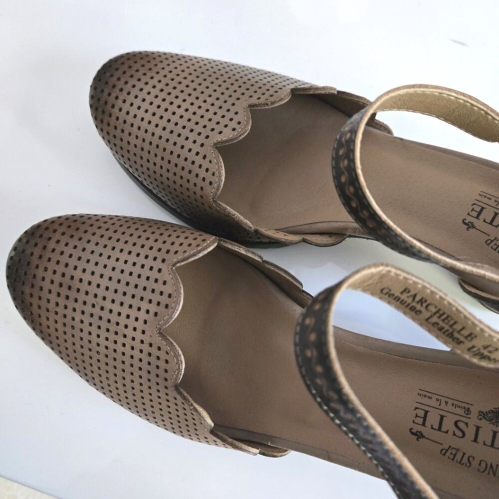 L'Artiste Parchelle Mary Jane Pumps Sz 42 Taupe Greige Leather Hand Painted Boho - Picture 5 of 10